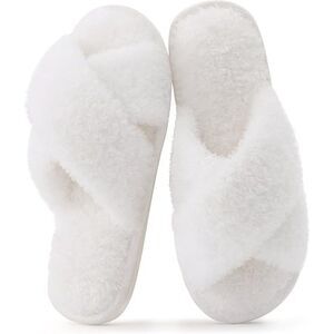 Women's Fuzzy Slippers Cross Band Velvet White Memory Foam House Slippers